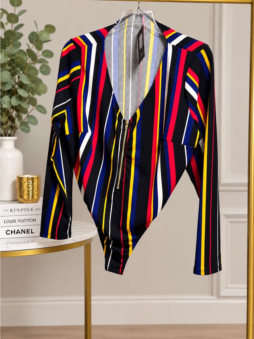 Fashion Nova Black Multi-Stripe V-Neck Long Sleeve Bodysuit